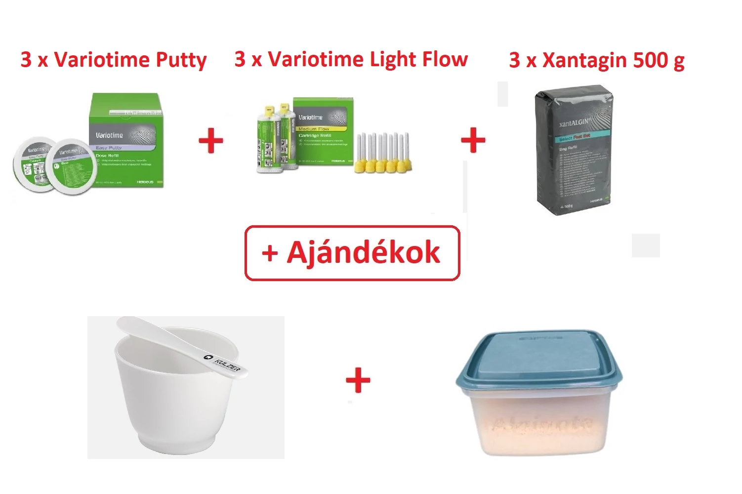 AKCIÓ - Variotime Putty 3x600ml+Variotime Light Flow 3 x 2x50ml+Xantalgin fast 3x500g+ajándék:1x kev.csésze,1x spatula,1x doboz